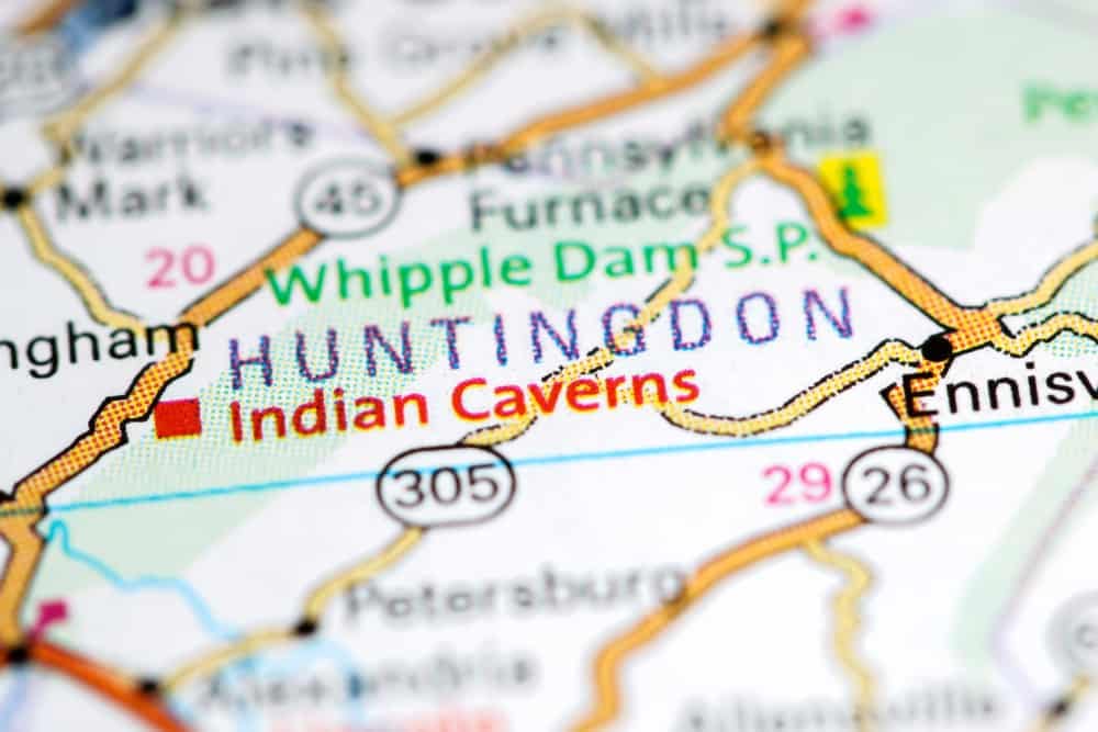 A map showing the location of Huntington Indian Caves in Juniata Township.
