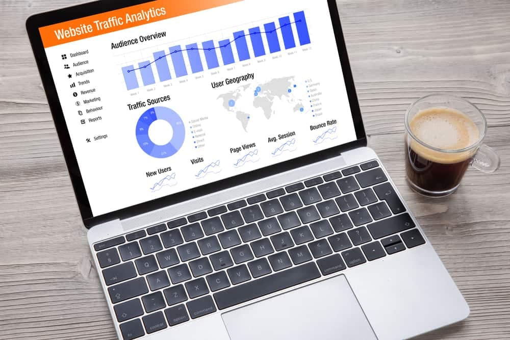 A laptop with a graph on it, displaying website traffic, and a cup of coffee.