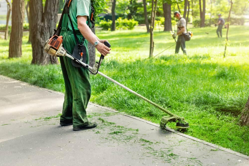 A man using a trimmer to maintain the grass in Lake Catherine State Park.