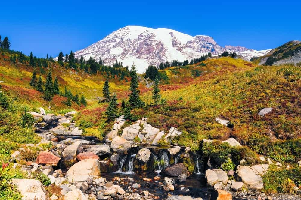 Winter recreational access to Mount Rainier National Park, with a stream in the foreground and the majestic backdrop of Mt. Rainier.