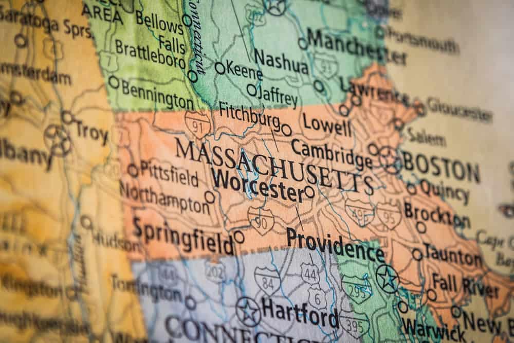 A close up of the 18th State's map, showcasing Massachusetts.