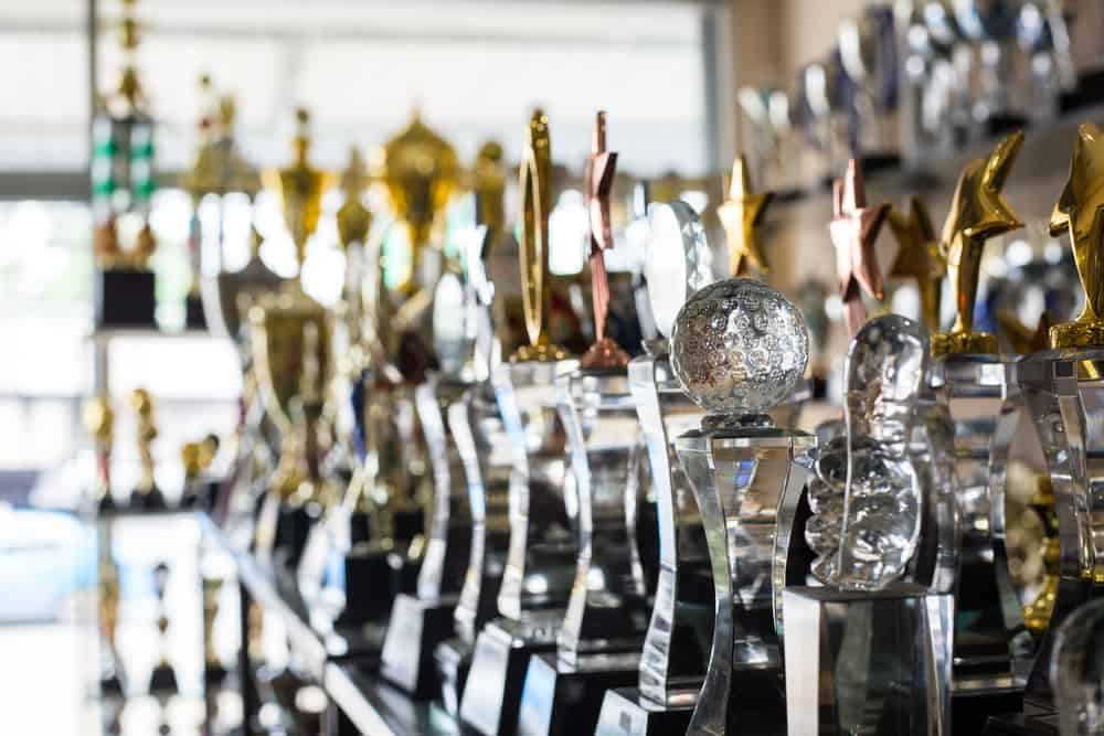 Many COHCE Award trophies are lined up on a shelf in a store.