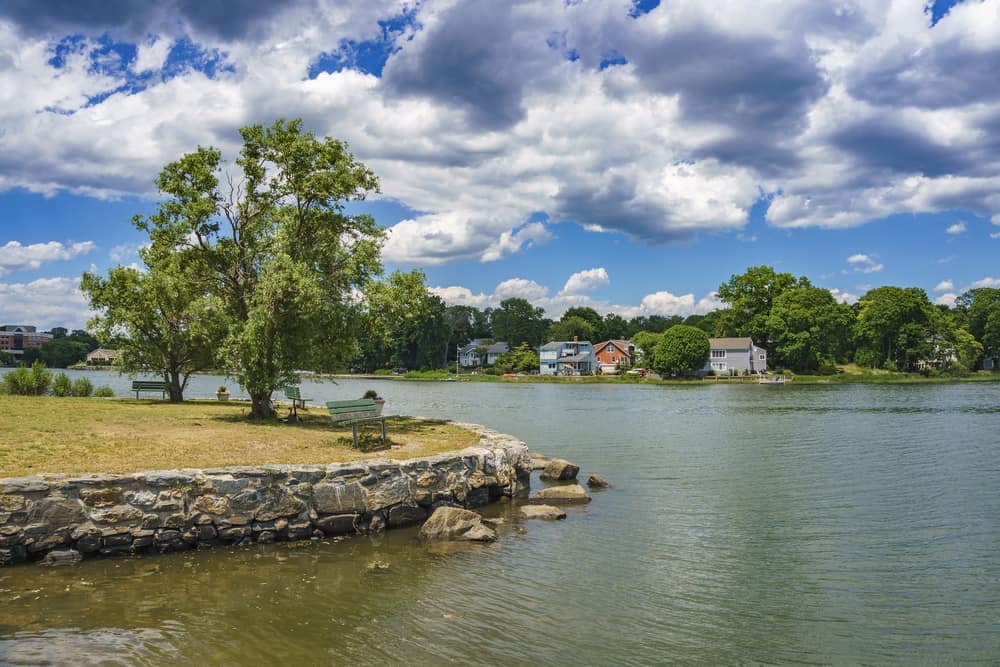 Fairfield Lake State Park, a beautiful lake nestled in Texas, is adorned with charming houses and lush trees in the scenic background.