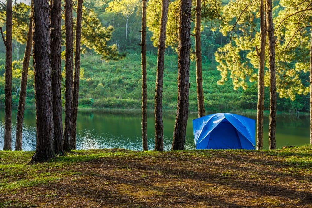 A blue tent sits in the middle of a provincial park near a lake in Ontario.