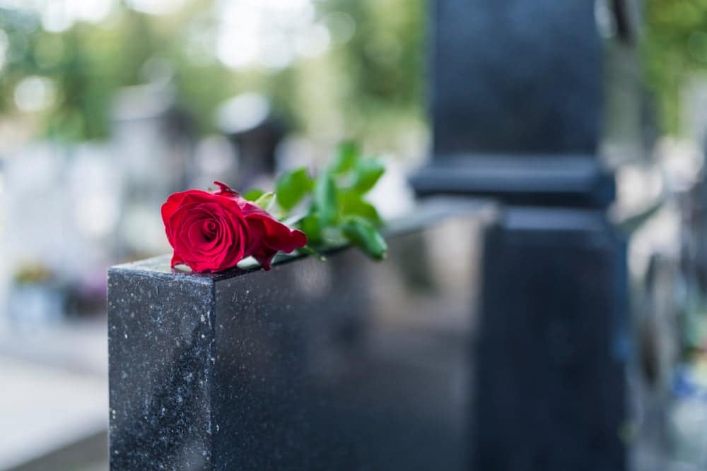 A red rose, symbolizing love and remembrance, delicately rests on the edge of a gravestone.