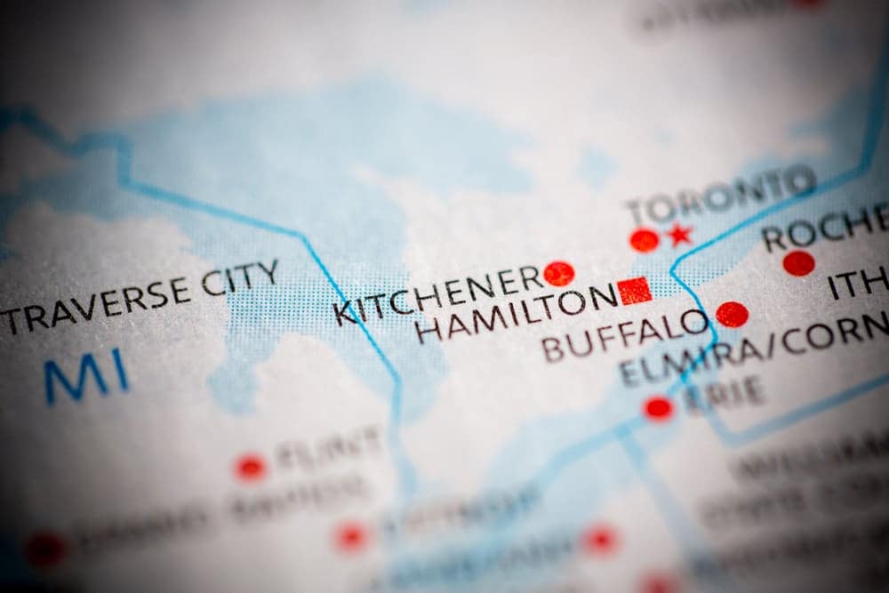 A map displaying the locations of Kitchener and Hamilton for glamping enthusiasts in luxury RVs.