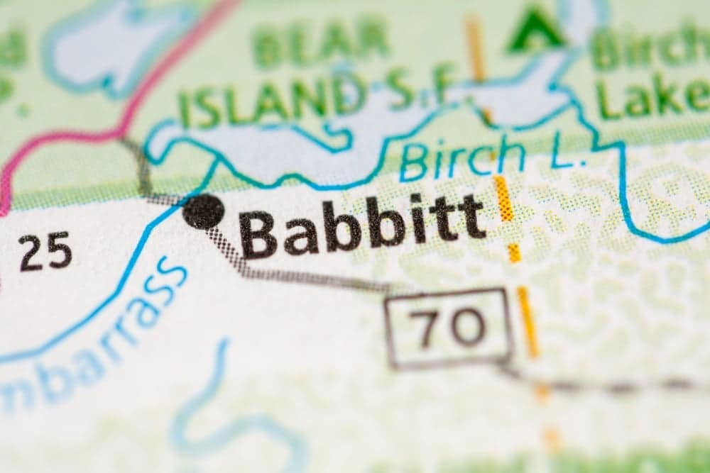 A map of the Birch Lake Recreation Area with the word "babbitt" prominently displayed.