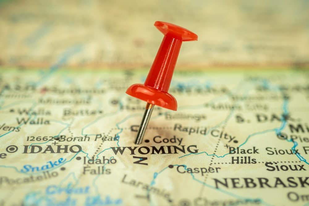 A red pin is pinned on a map of Wyoming, specifically at the Basecamp Teton Glamping Site.