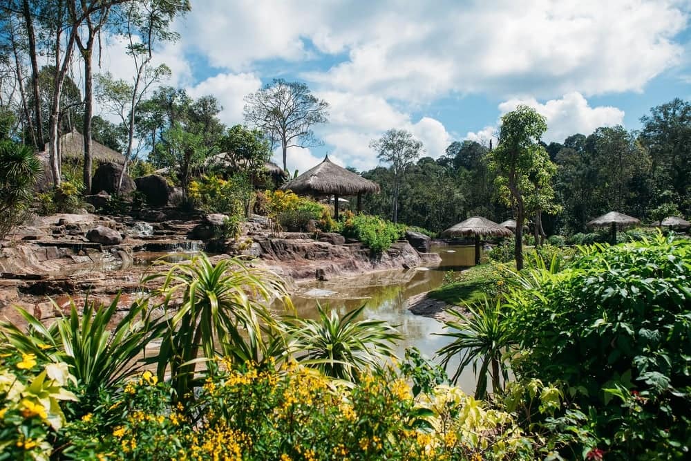 Unveiling the charm of Phu Quoc National Park, a picturesque zoo nestled amidst a lush landscape adorned with a tranquil pond and majestic trees in the background.