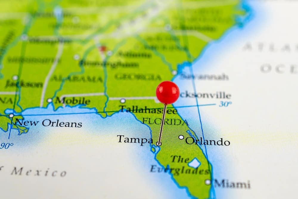 Tampa, located on Florida's Gulf Coast, pinned on a map.