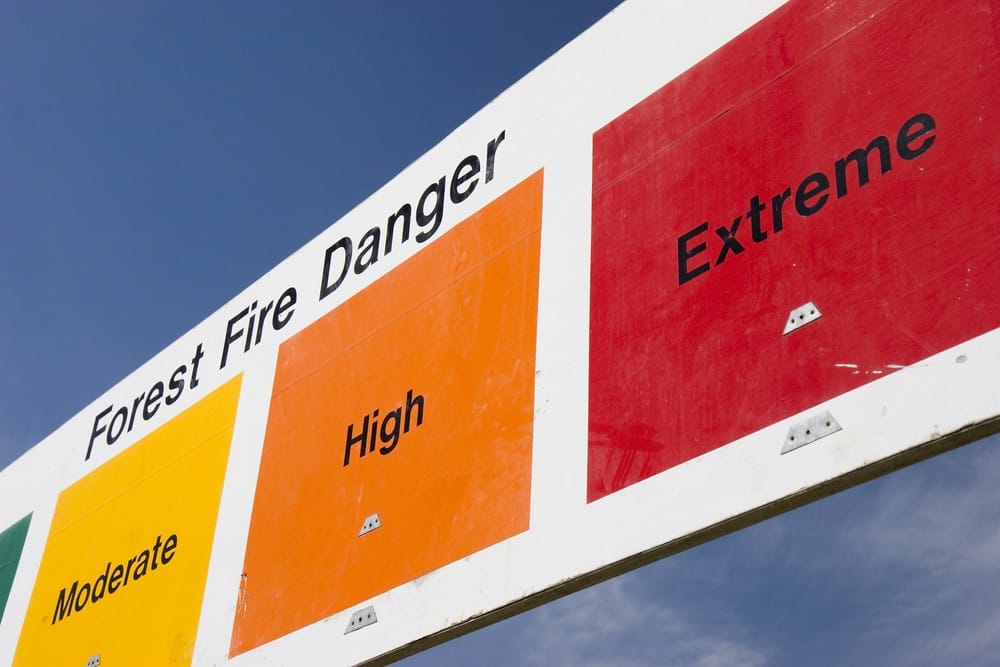 A sign displaying the forest fire danger levels of high and extreme, helping businesses prepare for wildfires.