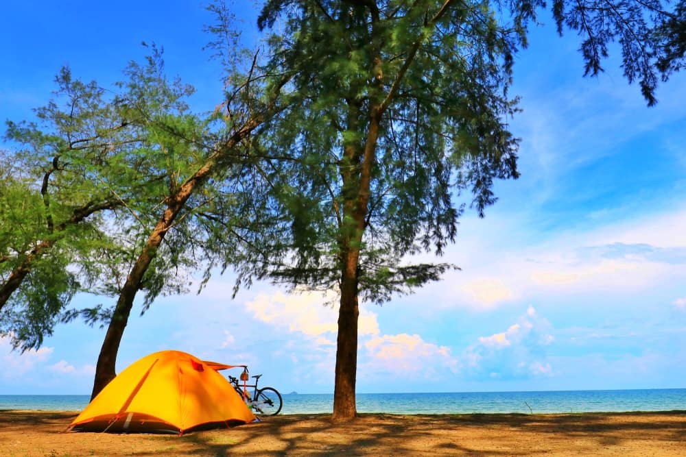 A camping tent nestled among the trees on the beach, offering shelter from the heat while withstanding the impact of harsh weather conditions.
