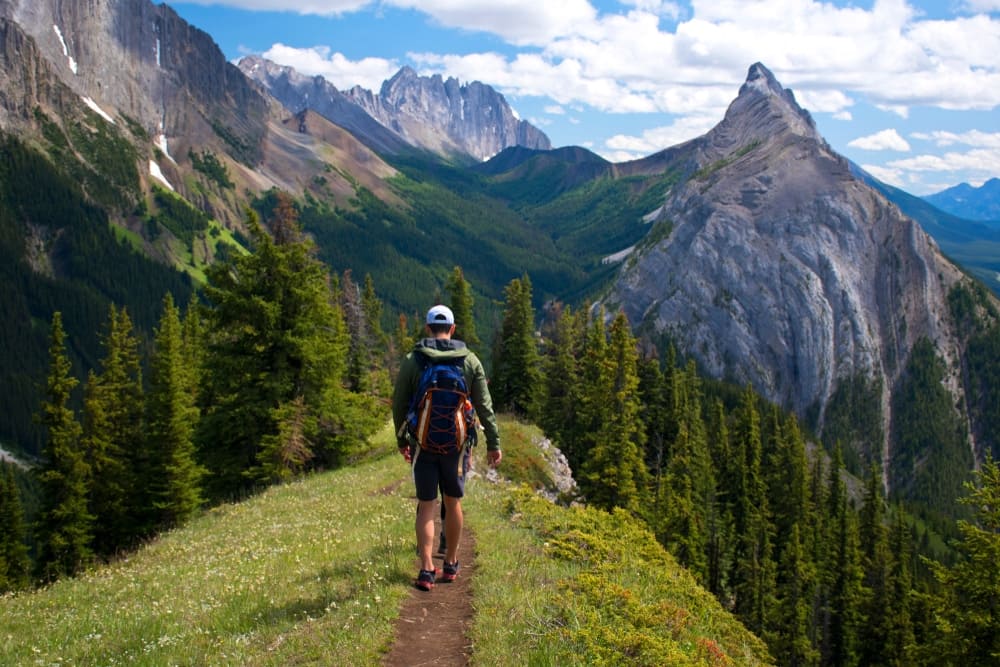 A Canadian hiker on a trail with mountains in the background, enjoying outdoor activities.