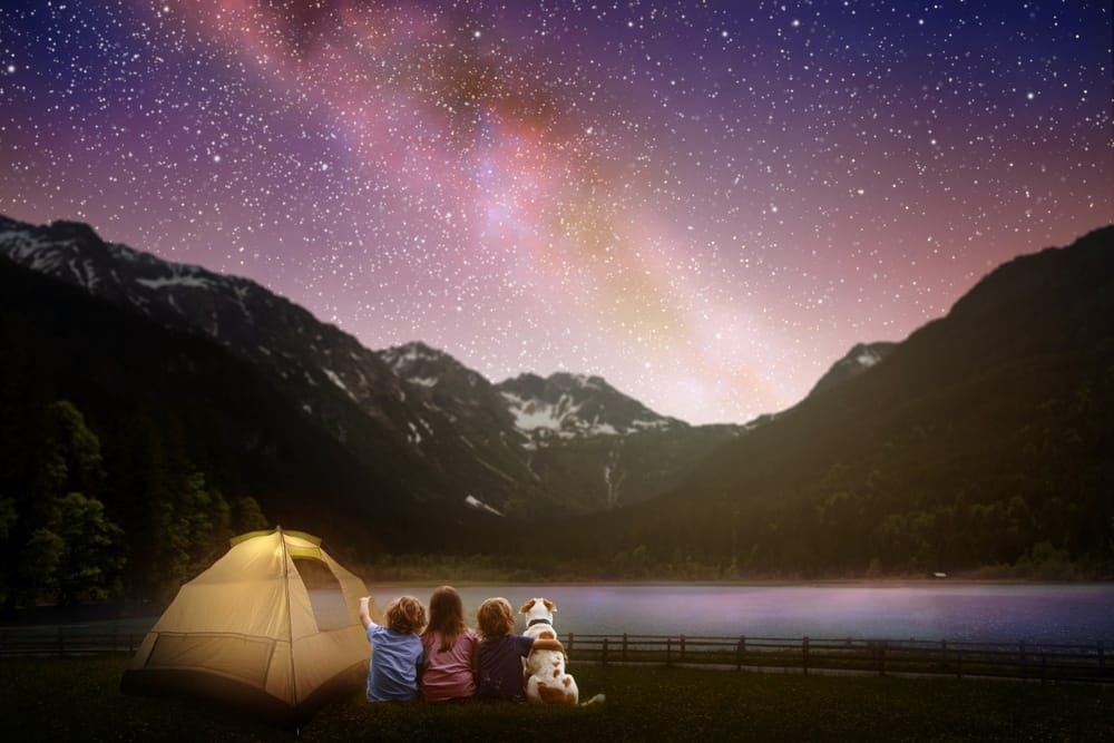 Two children and a dog sitting in front of a tent under a starry sky at an outdoor recreation site.