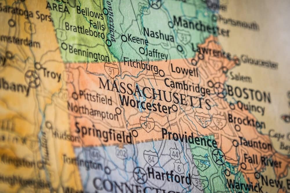 A close up of a map of Massachusetts, highlighting the growing outdoor recreation industry.