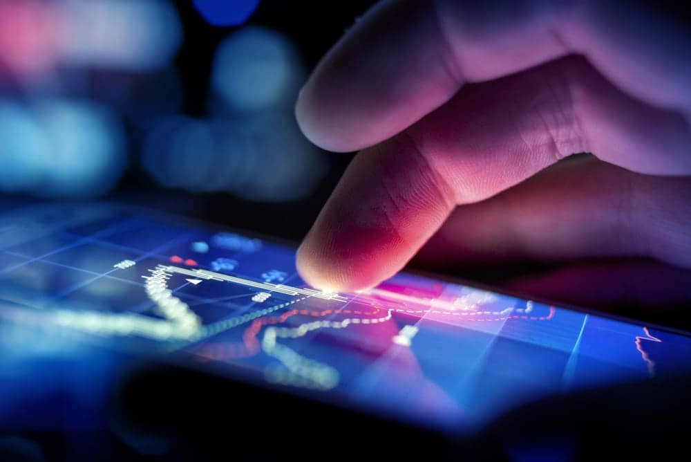 A hand is pointing at a graph displaying the drop in retail sales on a smartphone screen.