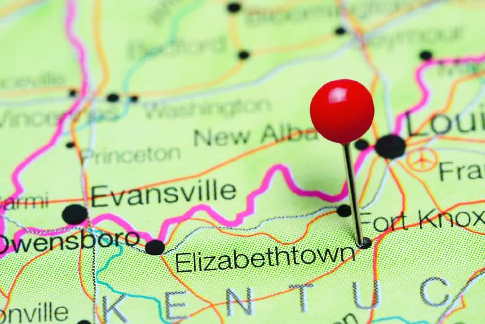 Pinpointing Evansville, Kentucky on a map near Elizabethtown and RV Campground.