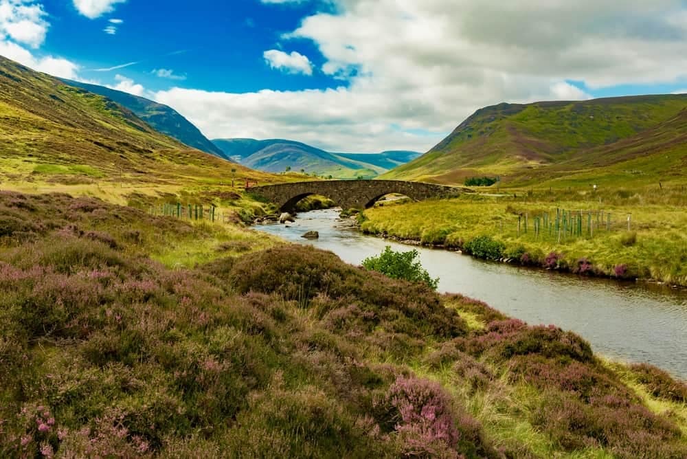 A glamping site featuring a bridge over a river in the Scottish Highlands, nestled within Cairngorms National Park.