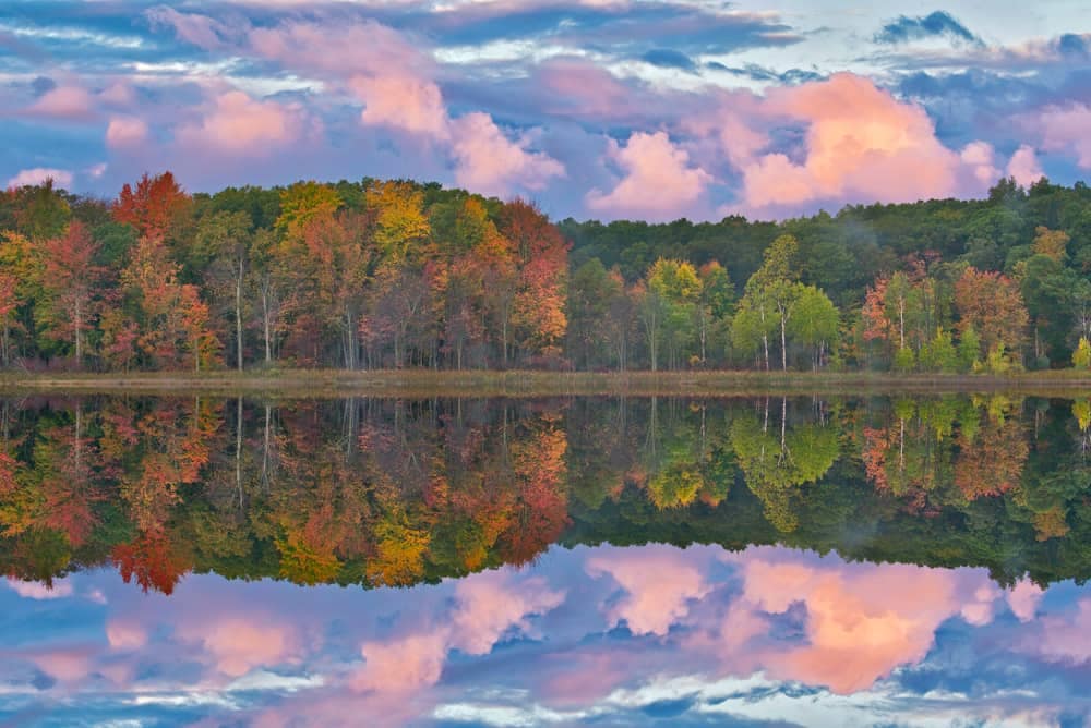 Campers at a Michigan State Park enjoying the colorful trees and clouds reflected in the lake. Check-In Time applies for this serene location.