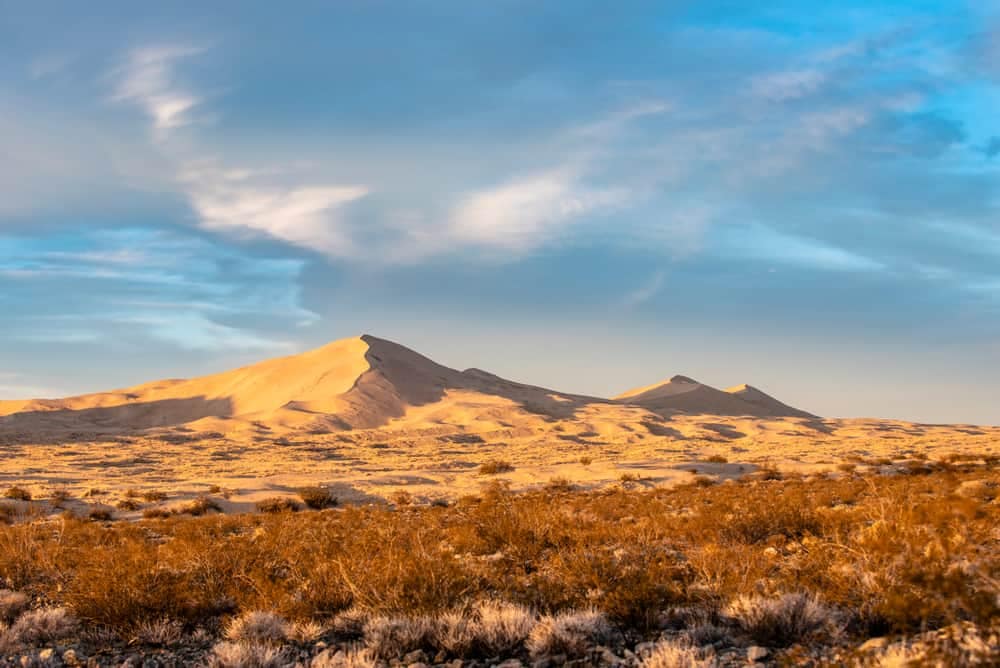 National Park sand dunes in California at sunset.