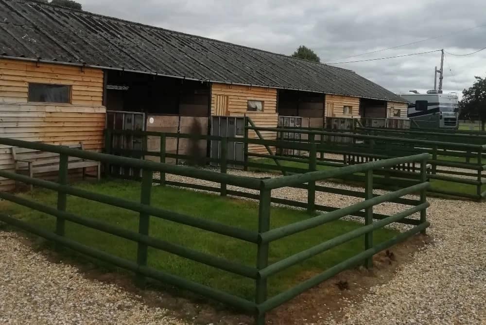 A cluster of horse stalls in a picturesque grassy area in Shropshire, showcasing Darwin's Legacy.