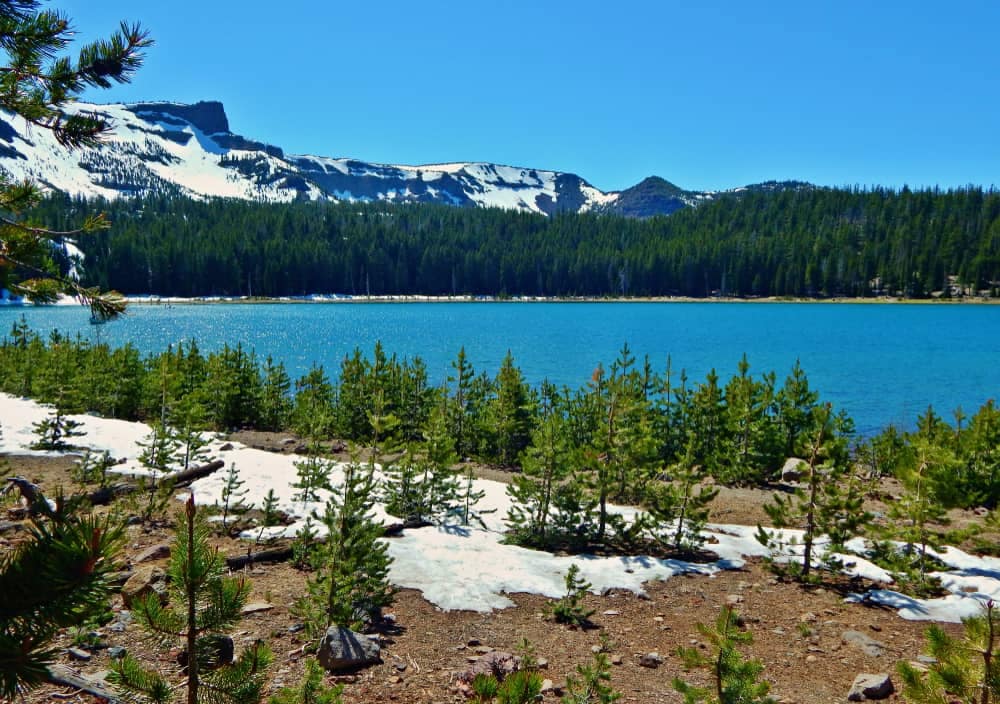 A blue lake surrounded by pine trees and snow, perfect for Three Creek Lake camping reservations amidst staffing shortages.