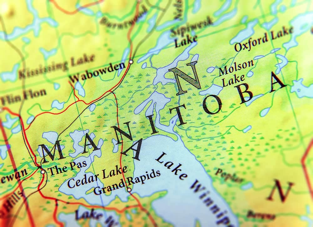 A close up of a map of Manitoba showcasing its campgrounds.