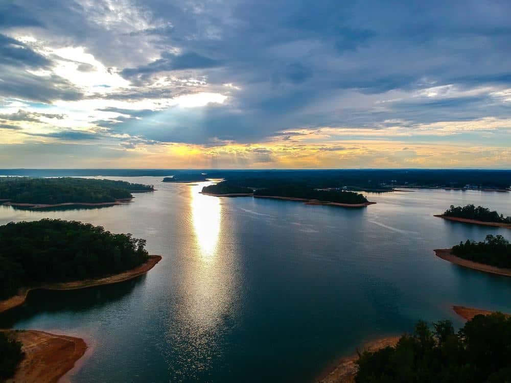 An aerial view of Big Water Marina, with clouds in the sky.