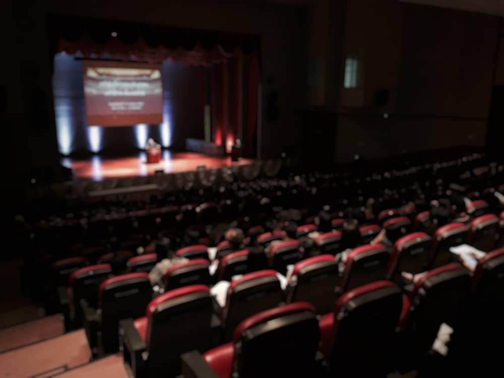 The CEO of Dragonfly Energy gives a presentation in an empty auditorium, with people sitting in the seats.