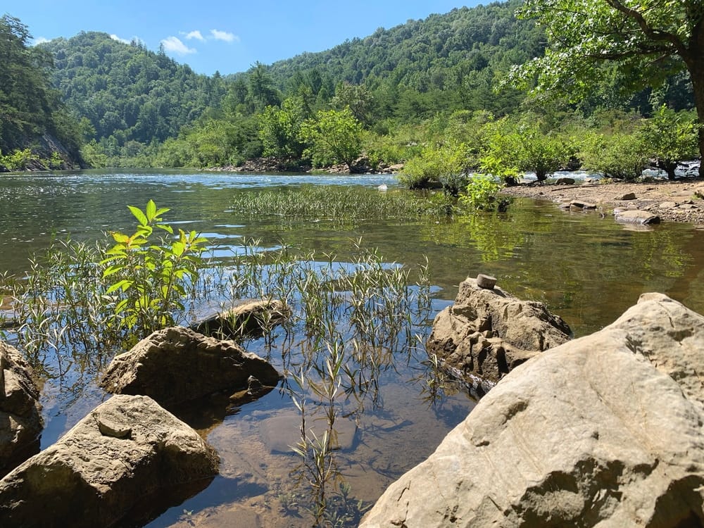 A proposed river surrounded by rocks and trees at Rock Creek Campground.