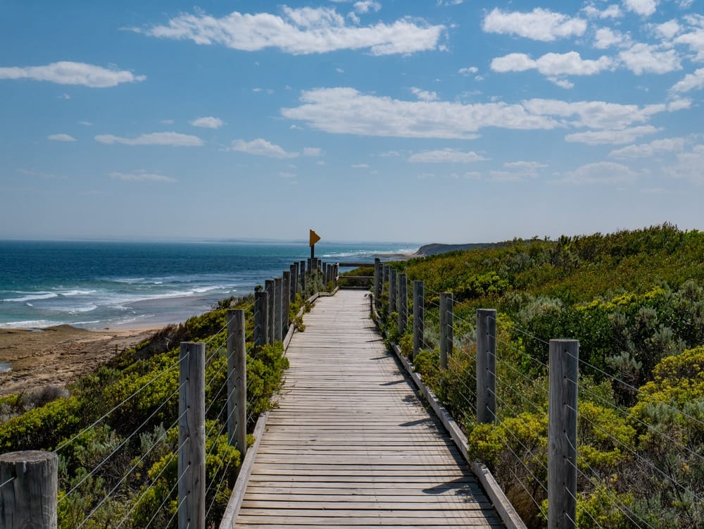 A wooden walkway leading to a beach and ocean, located in Barwon Coast.
