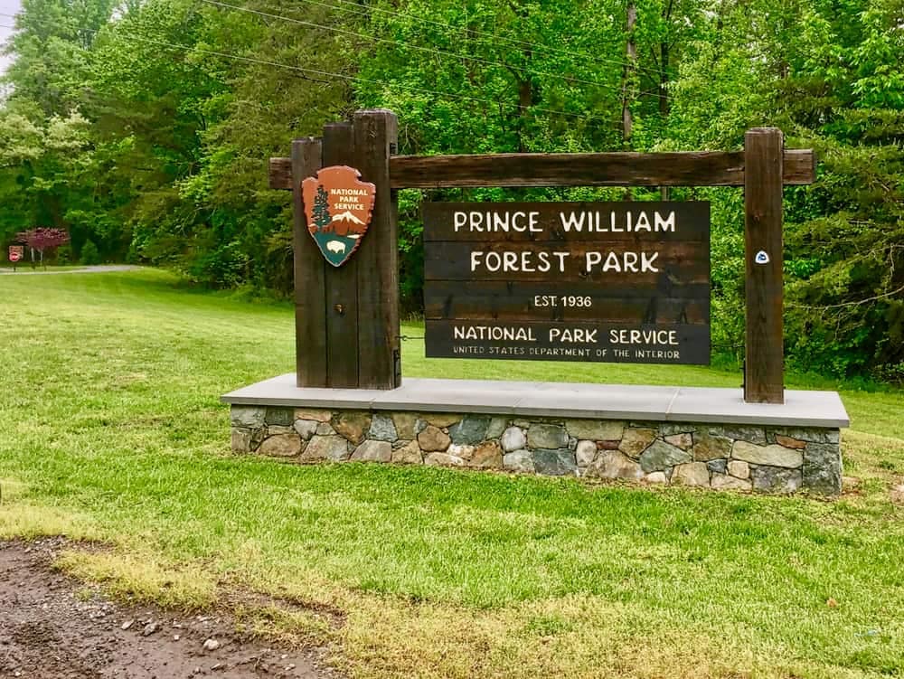 Entrance sign for Prince William Forest Park with RV campground.
