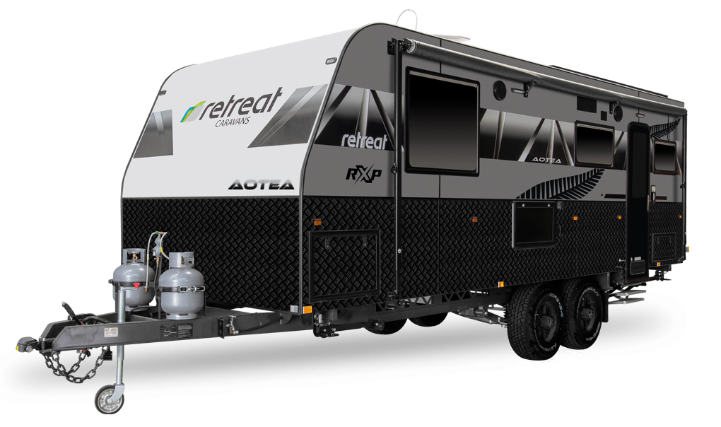 A Retreat Caravans camper trailer in black and white, set against a serene white background.