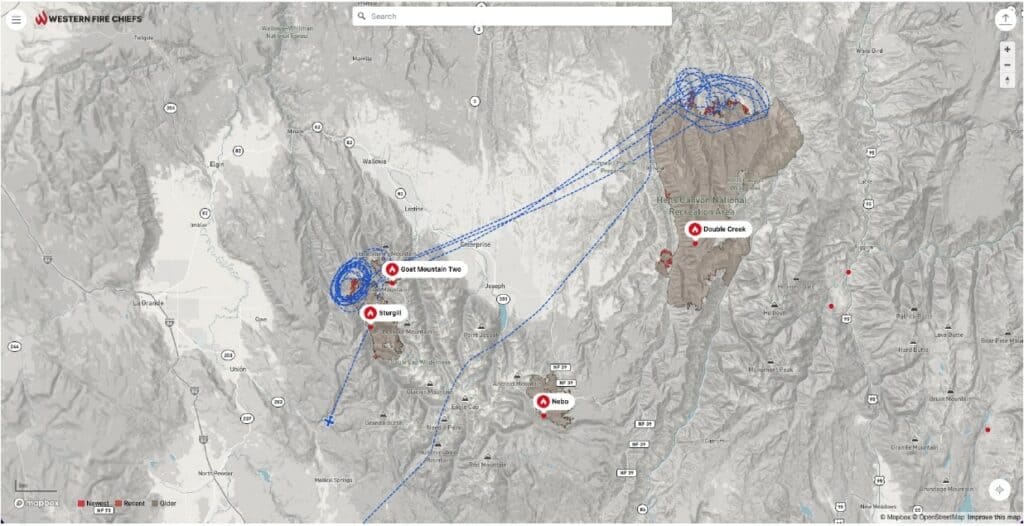 A Wildland Fire Map displaying the location of a fire, provided by the Western Fire Chiefs Association.
