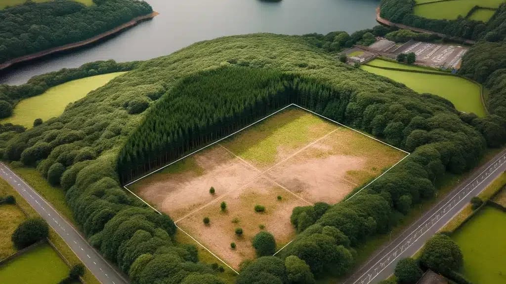 An aerial view of a field next to a lake in Hyndburn.