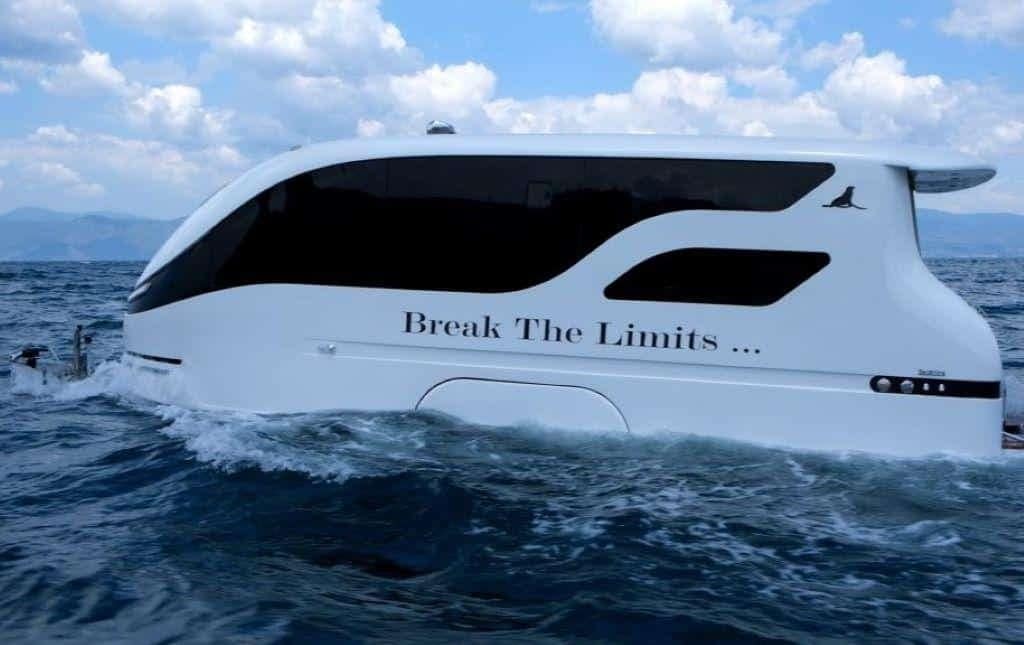 A Sealvans boat showcasing its Land and Sea capabilities with the words break the limits.