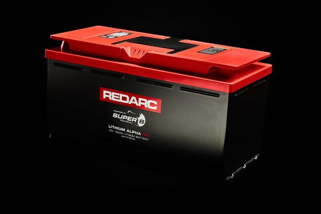 An Alpha150 Lithium Battery in red on a black background.