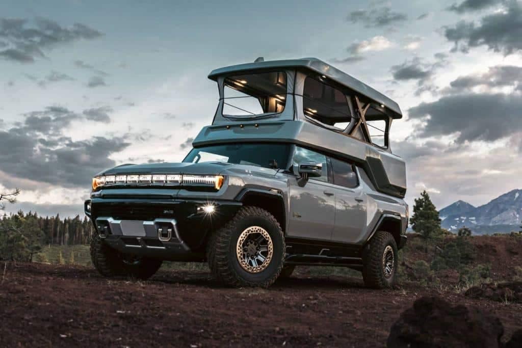 The 2020 GMC Hummer EV has a camper on top of it, perfect for overlanding adventures in the future.