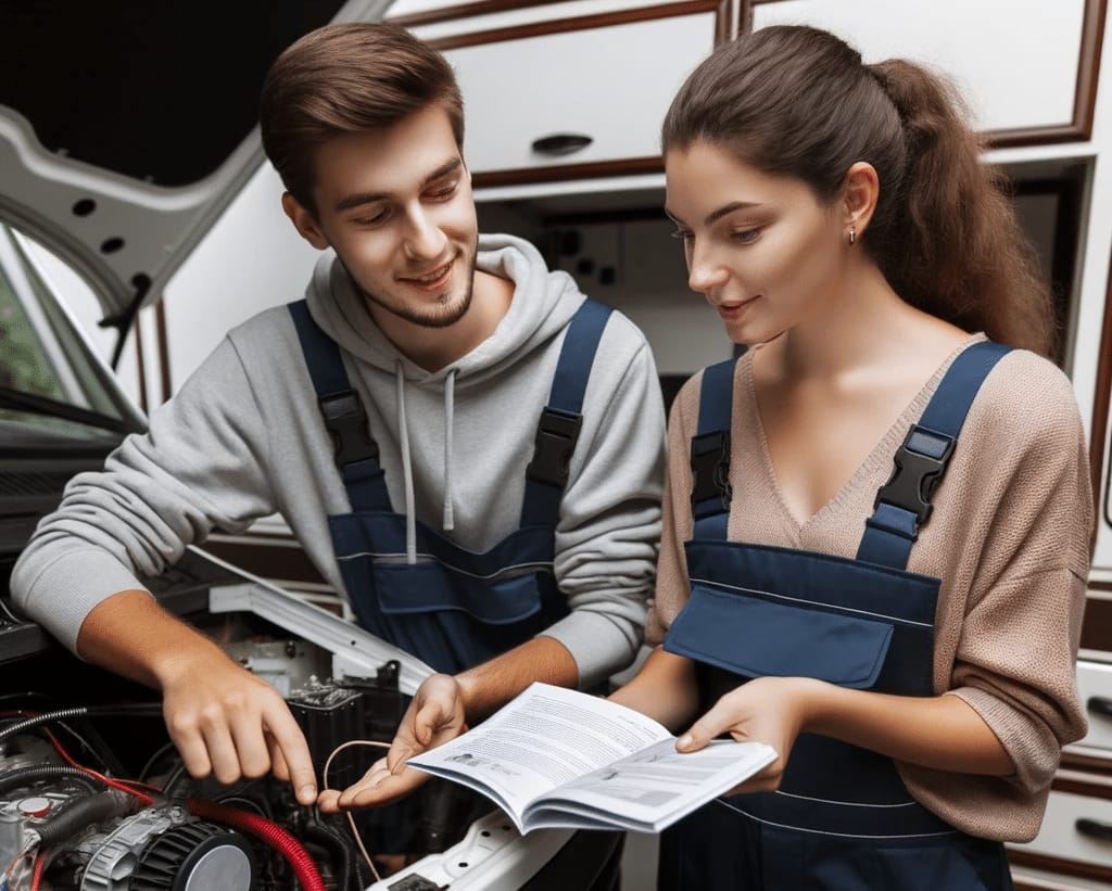 A man and a woman, both trained RV technicians, inspecting the engine of a car at the RV Technical Institute.