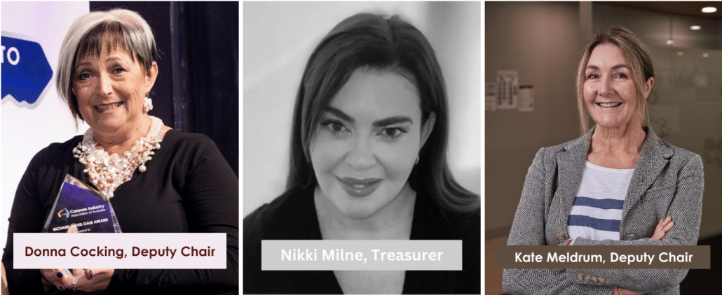 Four women, part of the New Leadership team, are standing in front of a group of people.