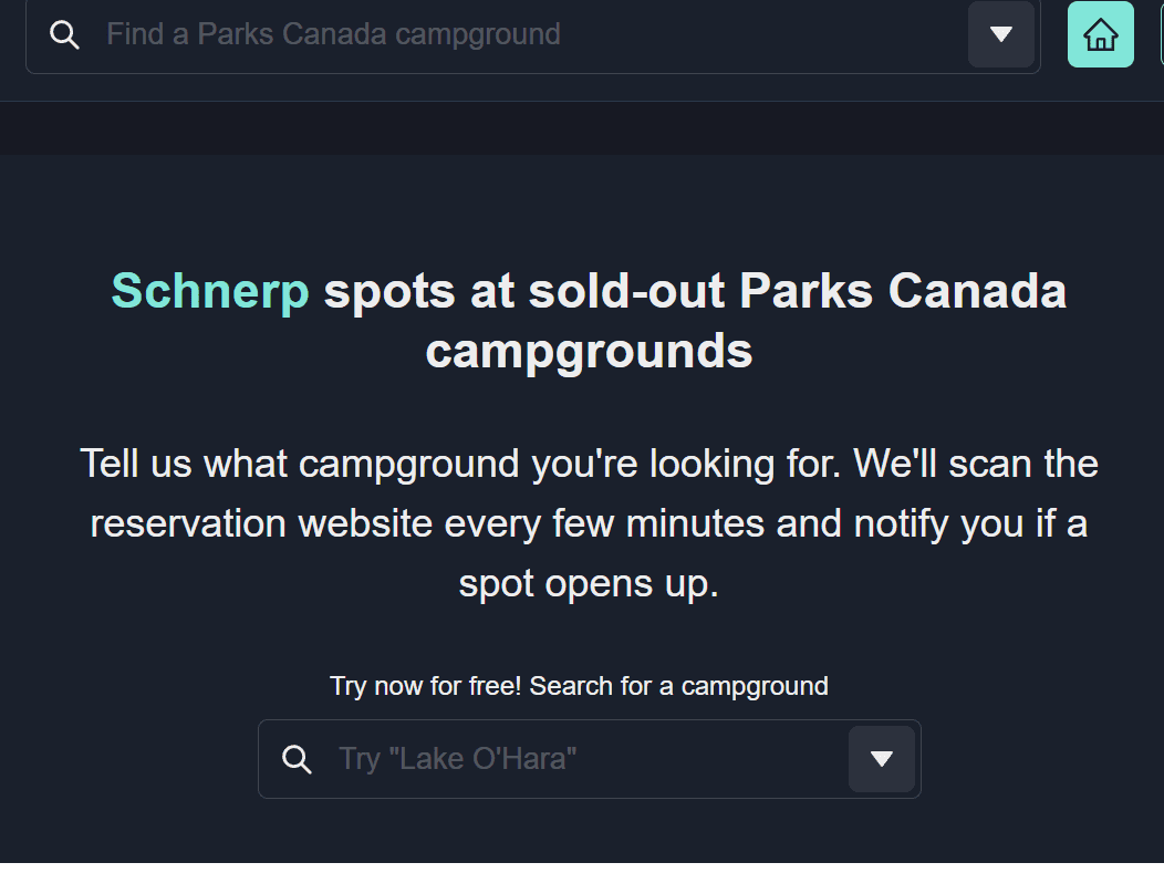 A screenshot of a last-minute camping spots website in Alberta, displaying the words "sold out - Parks Canada".