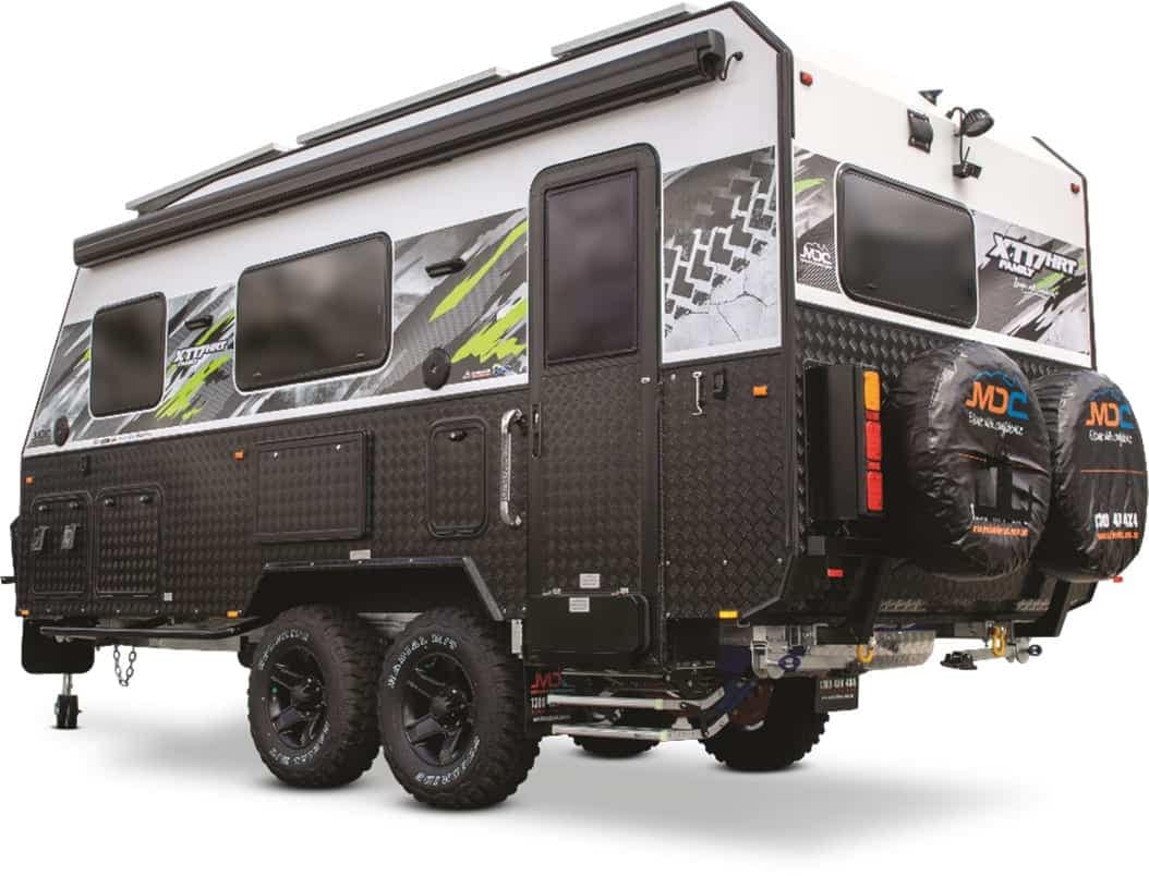 A black and white MDC Camper Trailers on a white background.