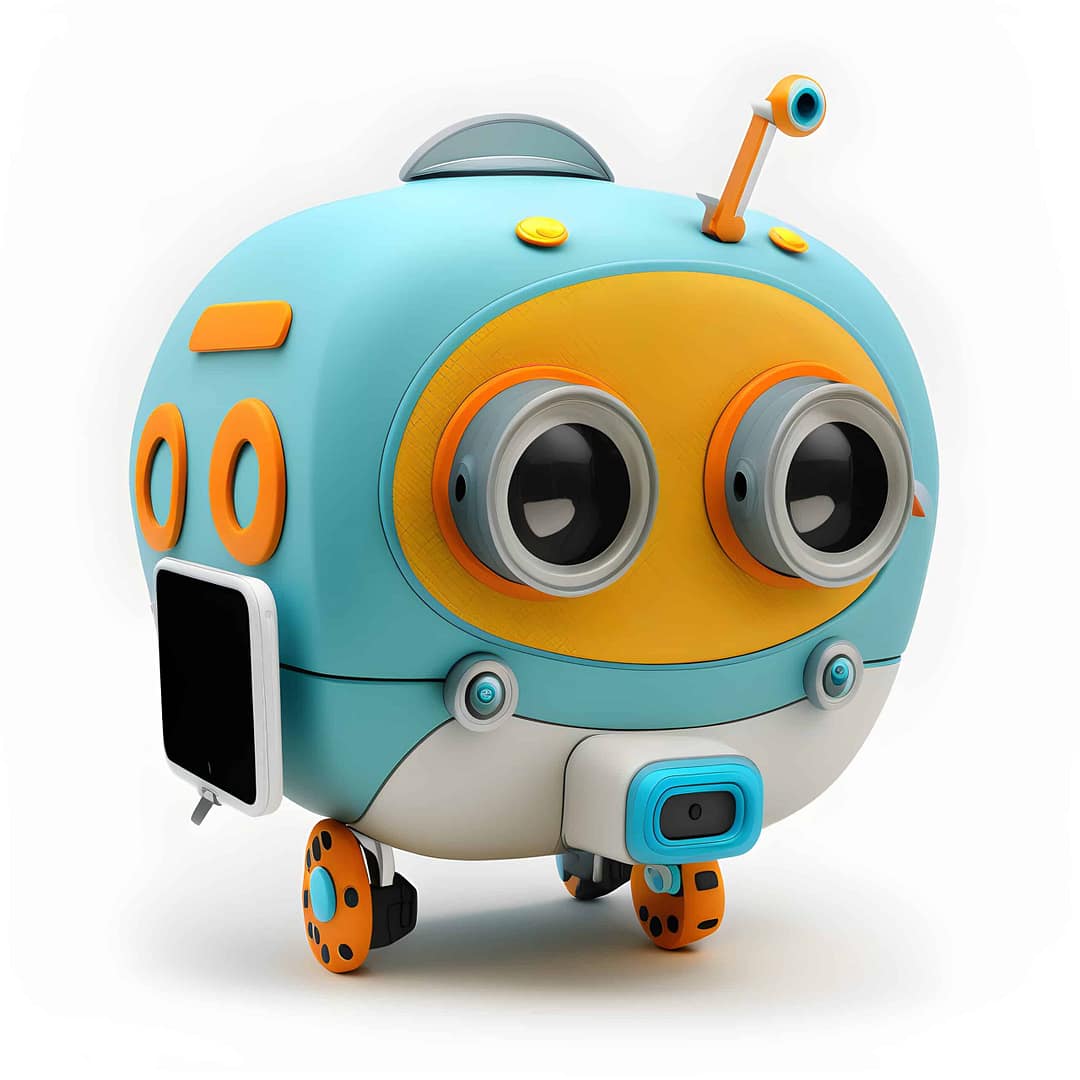 A Campy toy robot with an Insider Perks tablet computer on a white background.