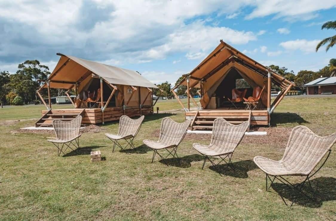 Two glamping tents with chairs set up in the grass at Tathra Beach Eco Camp.