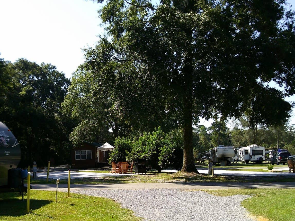 The Milton/Gulf Pines KOA Holiday is an inviting RV park nestled amongst lush trees, boasting several trailers parked in its scenic grounds.