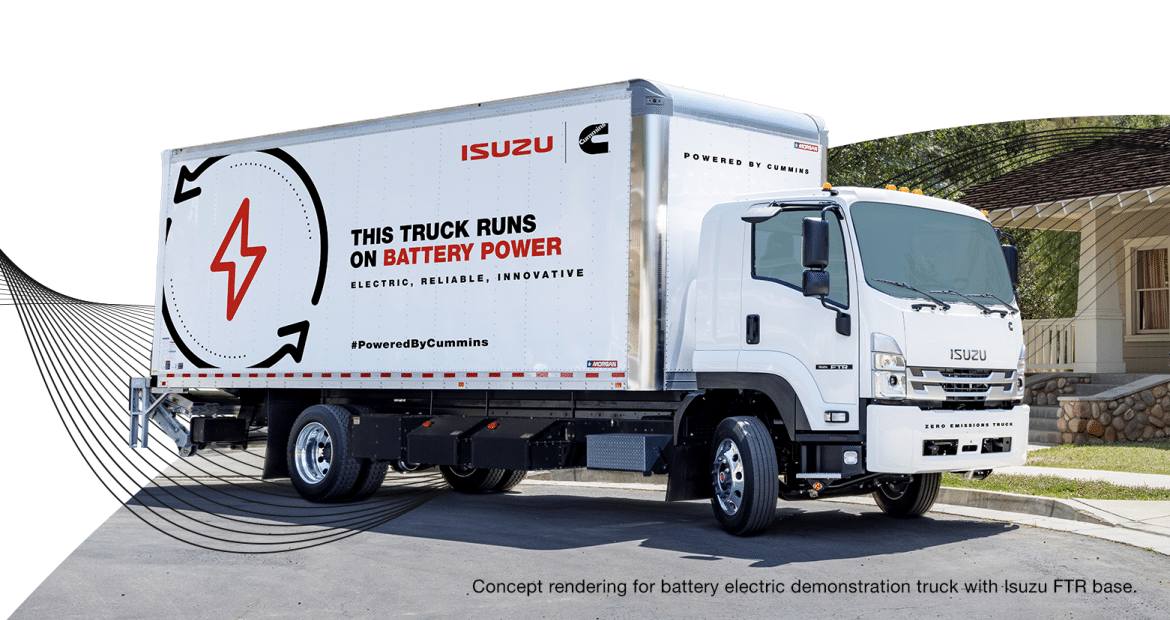The Isuzu Battery Electric Truck is parked in front of a house.