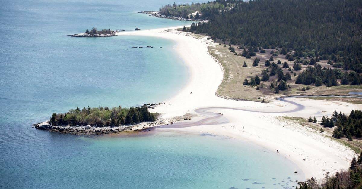An aerial view of Carters Beach, a sandy beach nestled in the middle of a forest in Nova Scotia.