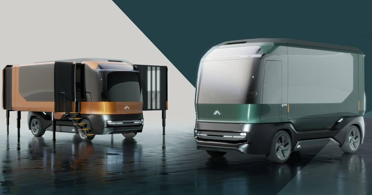 Two futuristic, autonomous delivery vehicles are shown; one is orange and black with extendable stairs, and the other is green and black with a sleek, rounded design. They appear to be Auto Draft's latest innovations, set against a striking two-tone background.