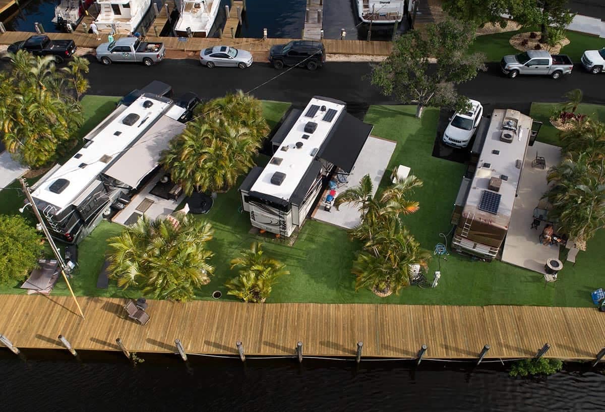 Yacht Haven Park, a marina with upgrades, offers an aerial view of an RV park on the water.