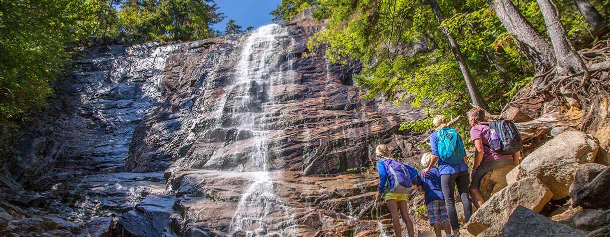 A group of people standing next to a waterfall with their State Park Passes.